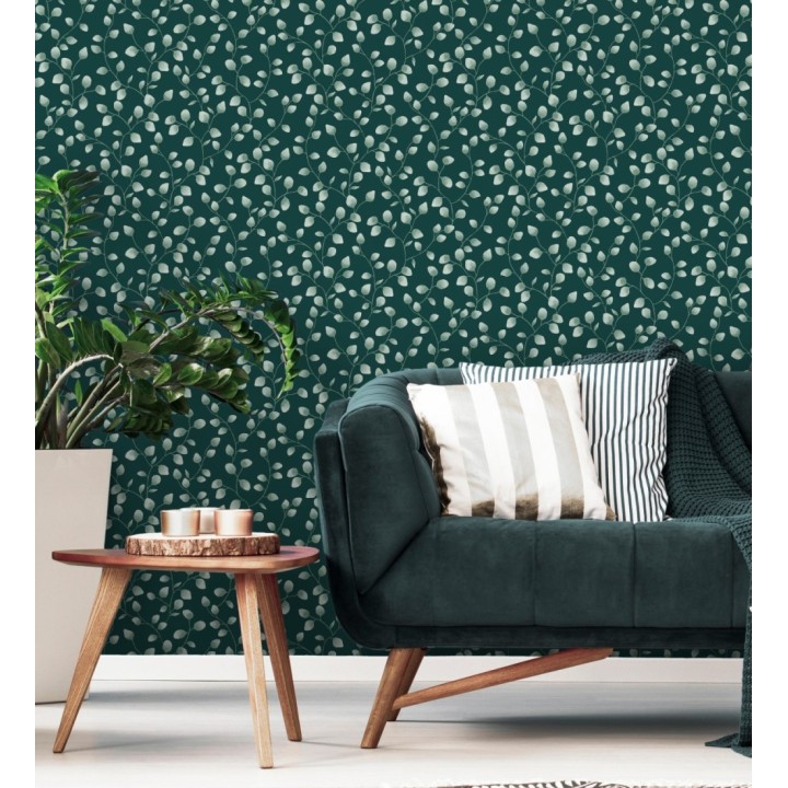 Papel pintado de hojas de eucalipto verdes y fondo verde oscuro - Alondra 128635