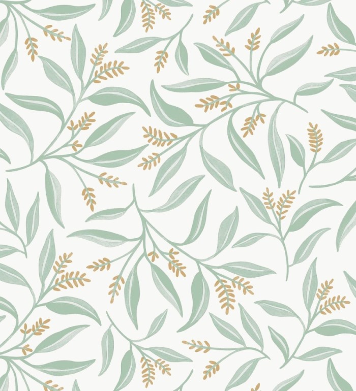 Papel pintado de hojas verdes y flores marrones con fondo blanco - Malasia Garden 128639