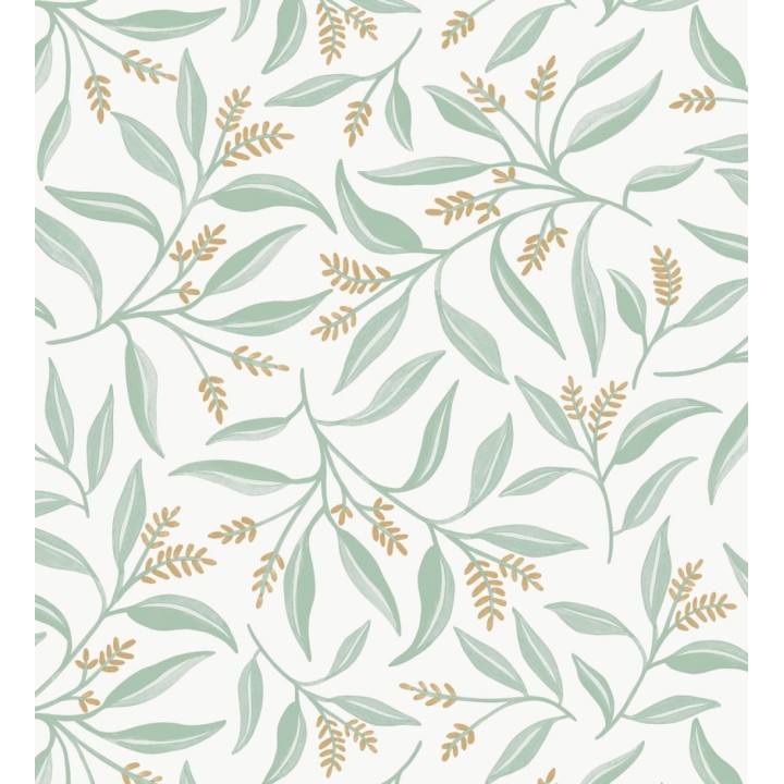 Papel pintado de hojas verdes y flores marrones con fondo blanco - Malasia Garden 128639