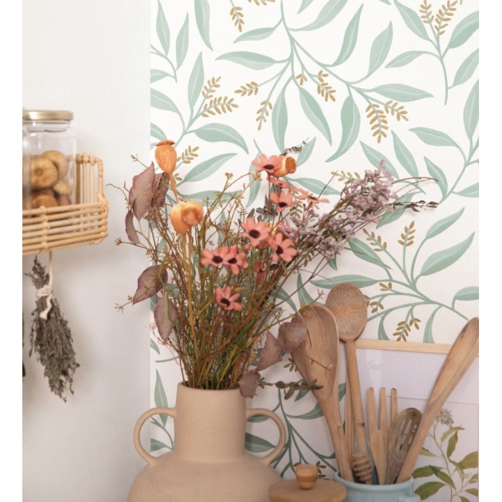 Papel pintado de hojas verdes y flores marrones con fondo blanco - Malasia Garden 128639