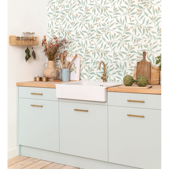 Papel pintado de hojas verdes y flores marrones con fondo blanco - Malasia Garden 128639