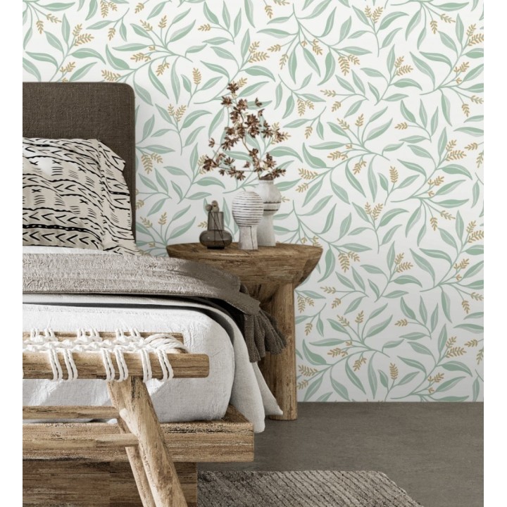 Papel pintado de hojas verdes y flores marrones con fondo blanco - Malasia Garden 128639