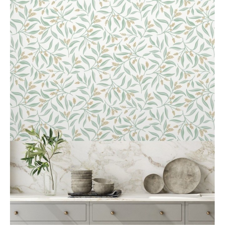 Papel pintado de hojas verdes y flores marrones con fondo blanco - Malasia Garden 128639