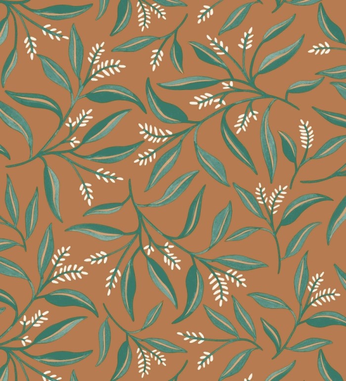 Papel pintado de hojas verdes y flores blancas con fondo marrón - Malasia Garden 128640