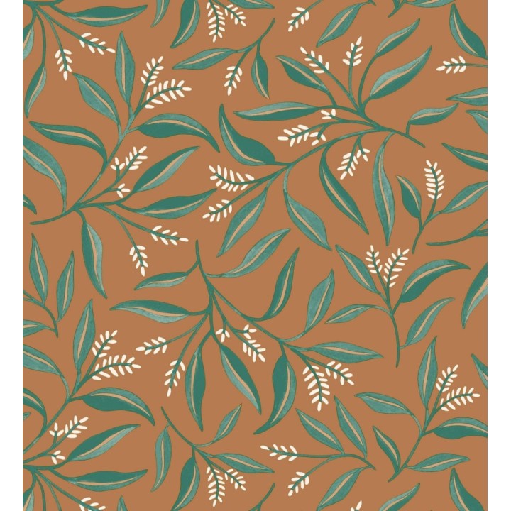 Papel pintado de hojas verdes y flores blancas con fondo marrón - Malasia Garden 128640