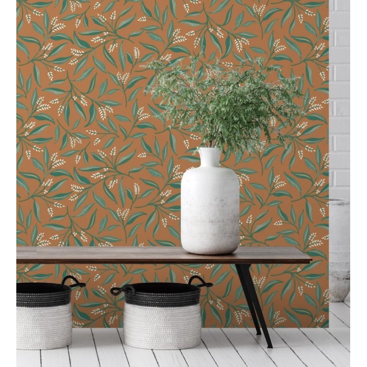 Papel pintado de hojas verdes y flores blancas con fondo marrón - Malasia Garden 128640