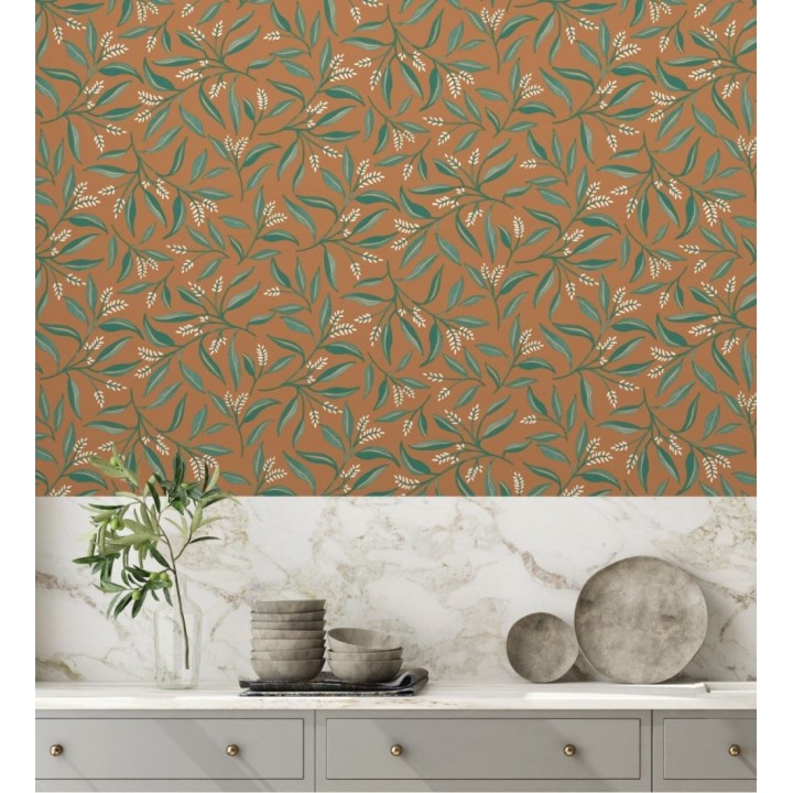 Papel pintado de hojas verdes y flores blancas con fondo marrón - Malasia Garden 128640