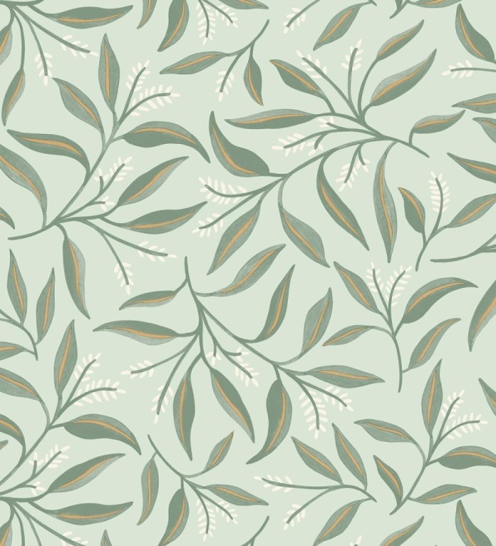Papel pintado de hojas verdes y flores blancas con fondo verde - Malasia Garden 128641