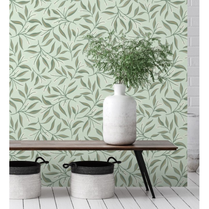 Papel pintado de hojas verdes y flores blancas con fondo verde - Malasia Garden 128641