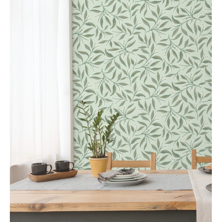 Papel pintado de hojas verdes y flores blancas con fondo verde - Malasia Garden 128641