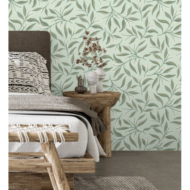 Papel pintado de hojas verdes y flores blancas con fondo verde - Malasia Garden 128641