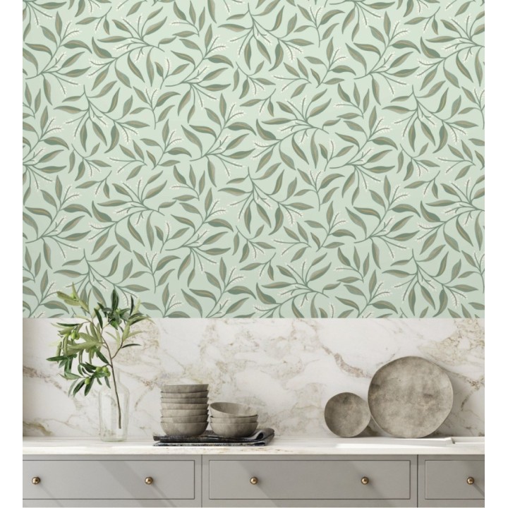 Papel pintado de hojas verdes y flores blancas con fondo verde - Malasia Garden 128641