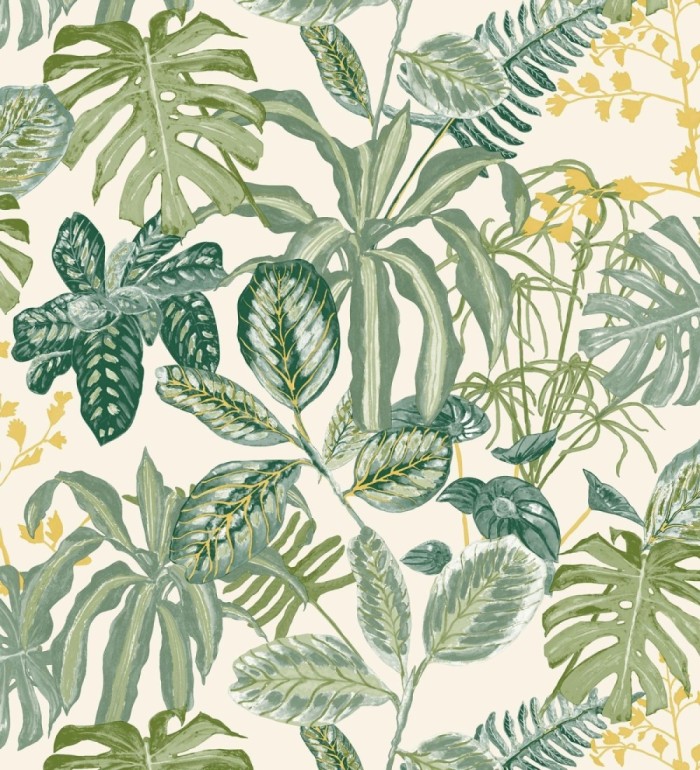 Papel pintado de hojas y plantas verdes tropicales con flores amarillas - Manaos Leaves 128642