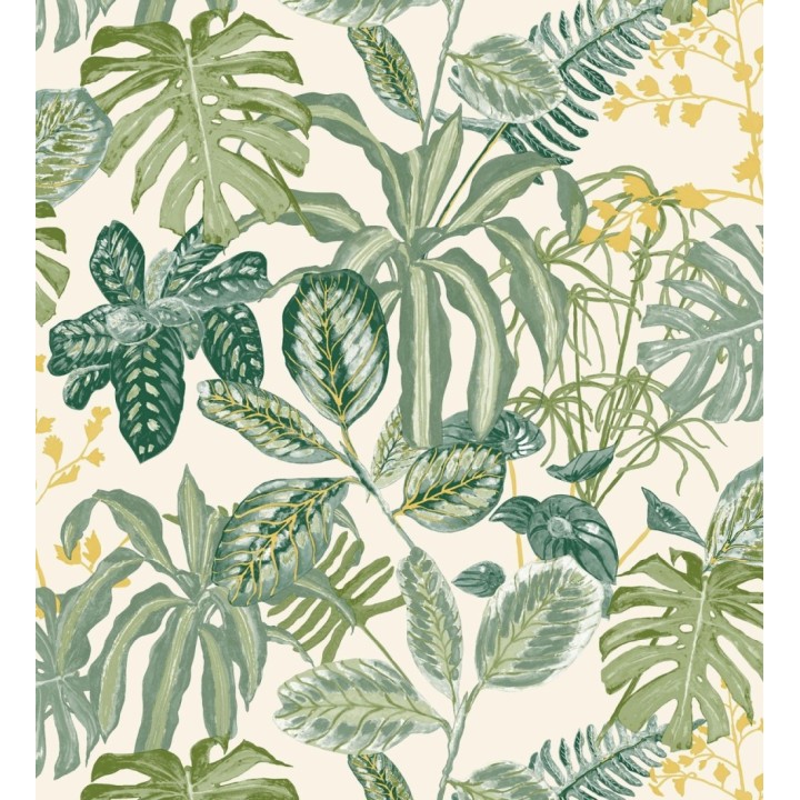 Papel pintado de hojas y plantas verdes tropicales con flores amarillas - Manaos Leaves 128642