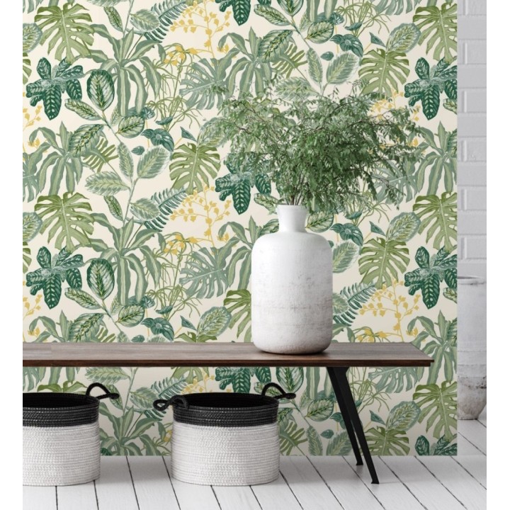 Papel pintado de hojas y plantas verdes tropicales con flores amarillas - Manaos Leaves 128642