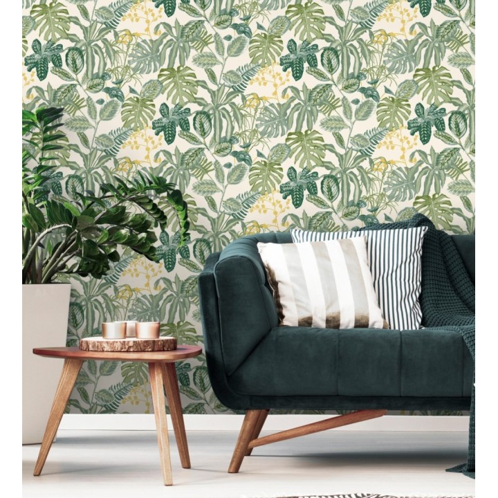 Papel pintado de hojas y plantas verdes tropicales con flores amarillas - Manaos Leaves 128642