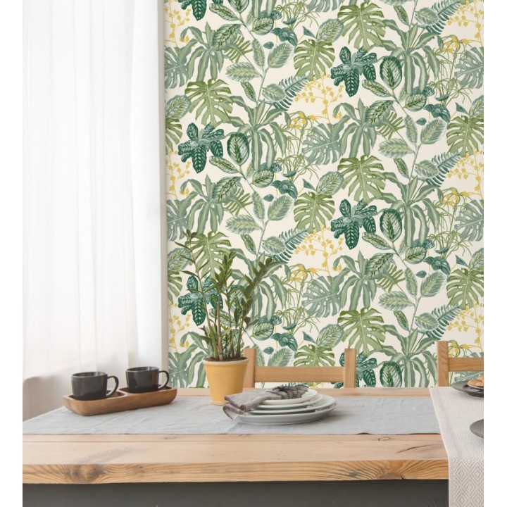 Papel pintado de hojas y plantas verdes tropicales con flores amarillas - Manaos Leaves 128642
