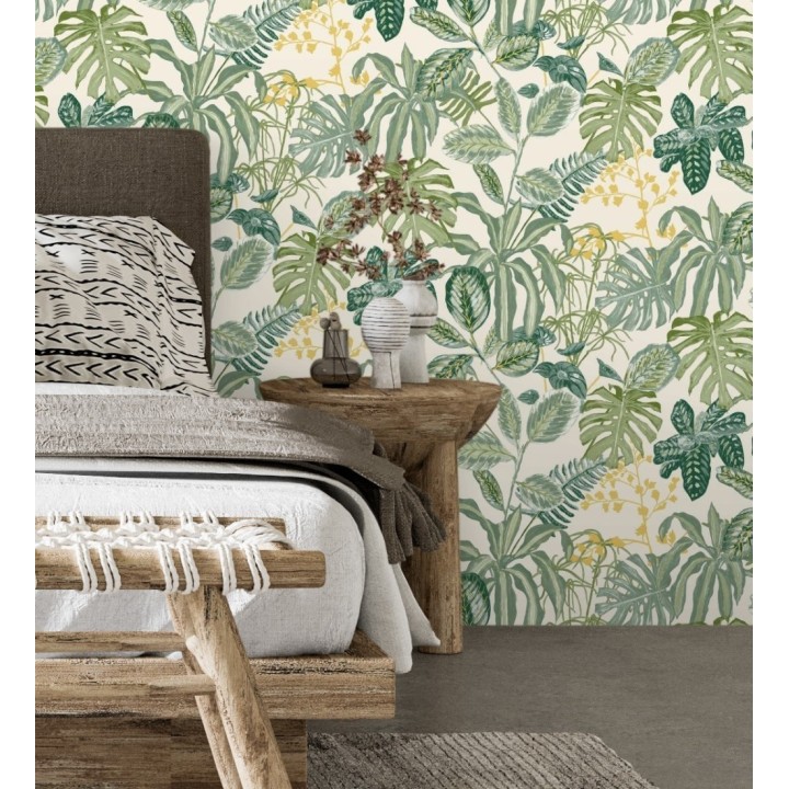 Papel pintado de hojas y plantas verdes tropicales con flores amarillas - Manaos Leaves 128642