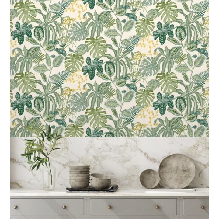 Papel pintado de hojas y plantas verdes tropicales con flores amarillas - Manaos Leaves 128642