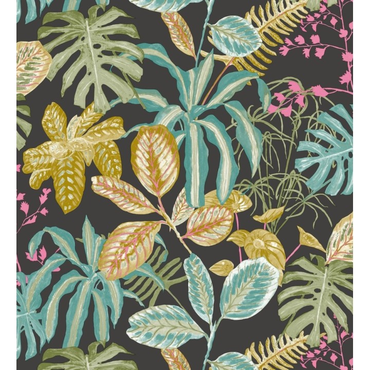 Papel pintado de hojas y plantas verdes y ocres tropicales con flores rosas - Manaos Leaves 128643