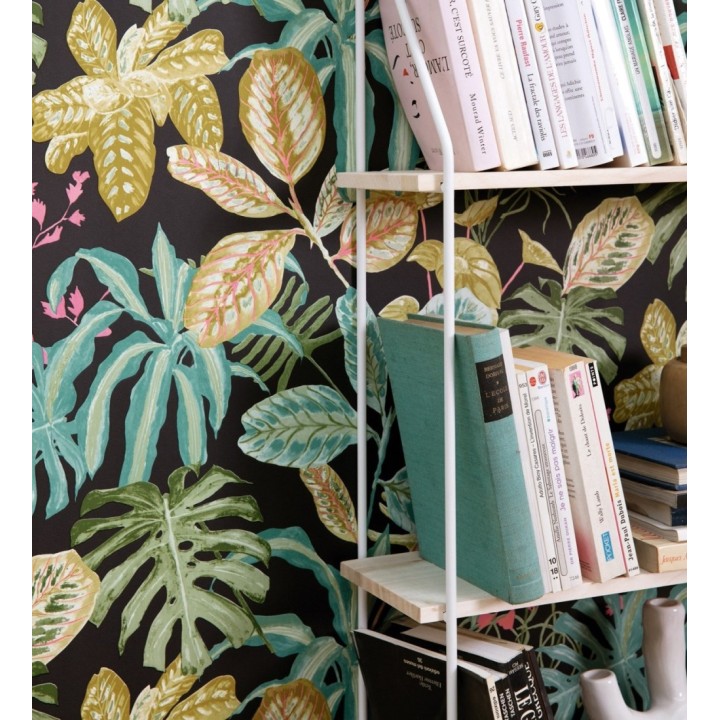 Papel pintado de hojas y plantas verdes y ocres tropicales con flores rosas - Manaos Leaves 128643