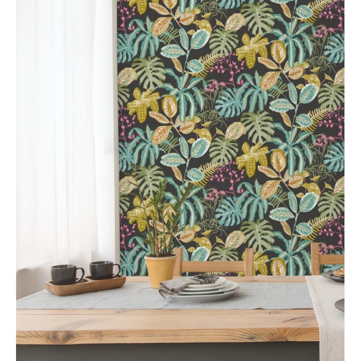 Papel pintado de hojas y plantas verdes y ocres tropicales con flores rosas - Manaos Leaves 128643