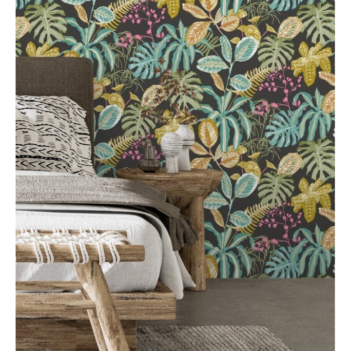 Papel pintado de hojas y plantas verdes y ocres tropicales con flores rosas - Manaos Leaves 128643