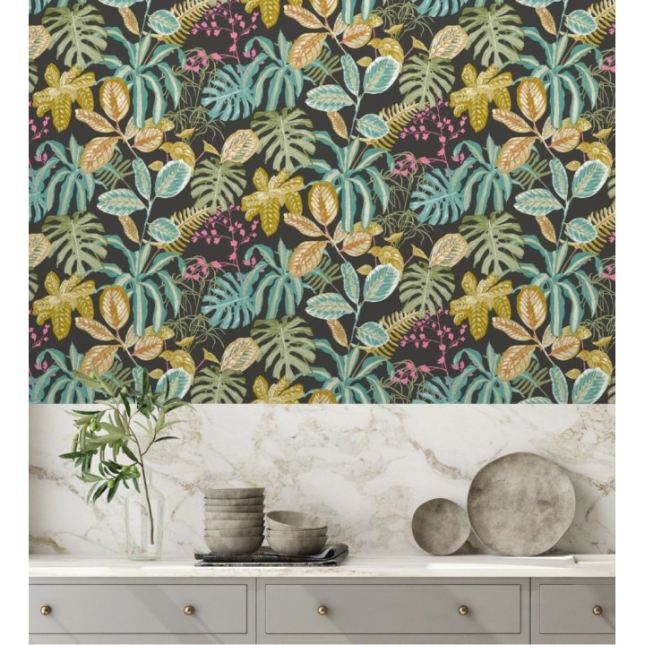 Papel pintado de hojas y plantas verdes y ocres tropicales con flores rosas - Manaos Leaves 128643