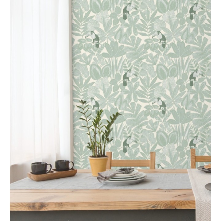 Papel pintado de pájaros tucanes y hojas de selva tropical - Yumalay Parrots 128647