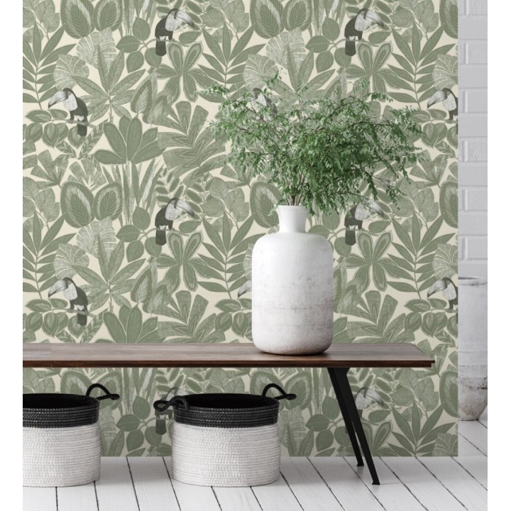 Papel pintado de pájaros tucanes y hojas de selva tropical - Yumalay Parrots 128648