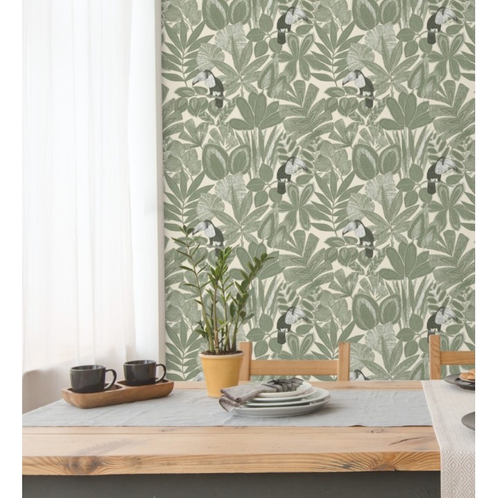 Papel pintado de pájaros tucanes y hojas de selva tropical - Yumalay Parrots 128648