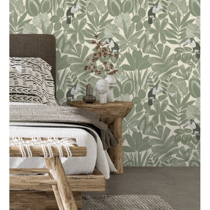 Papel pintado de pájaros tucanes y hojas de selva tropical - Yumalay Parrots 128648