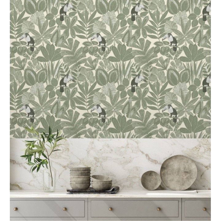 Papel pintado de pájaros tucanes y hojas de selva tropical - Yumalay Parrots 128648