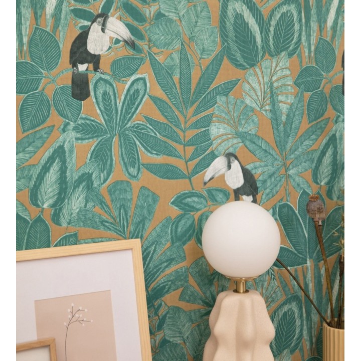 Papel pintado de pájaros tucanes y hojas de selva tropical - Yumalay Parrots 128649