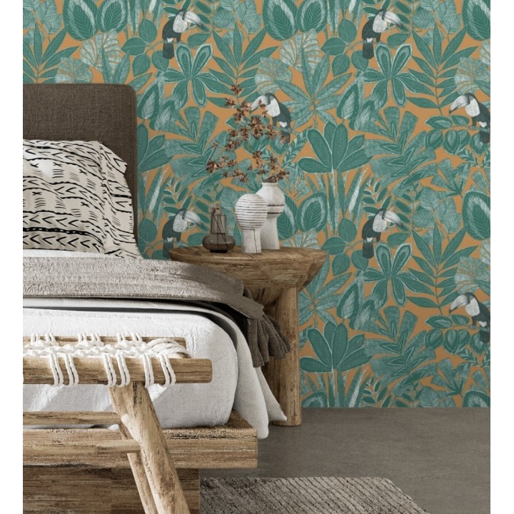 Papel pintado de pájaros tucanes y hojas de selva tropical - Yumalay Parrots 128649