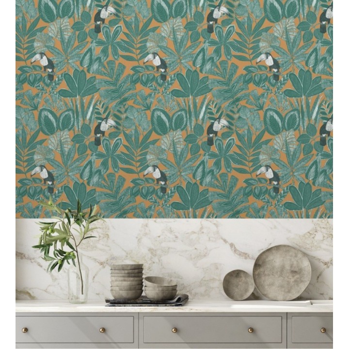 Papel pintado de pájaros tucanes y hojas de selva tropical - Yumalay Parrots 128649