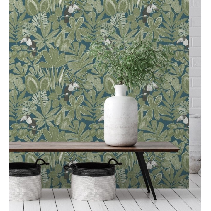 Papel pintado de pájaros tucanes y hojas de selva tropical - Yumalay Parrots 128650