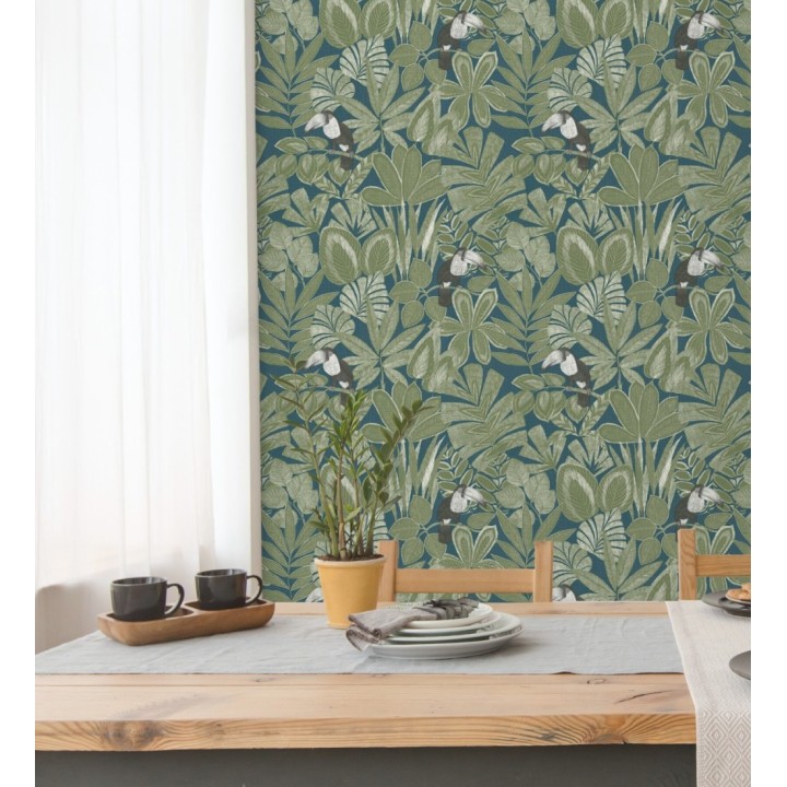 Papel pintado de pájaros tucanes y hojas de selva tropical - Yumalay Parrots 128650