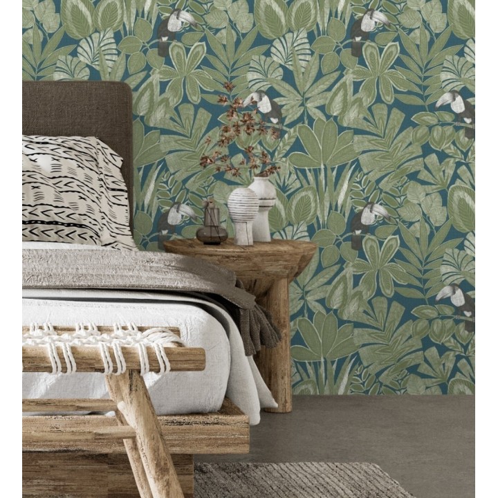 Papel pintado de pájaros tucanes y hojas de selva tropical - Yumalay Parrots 128650