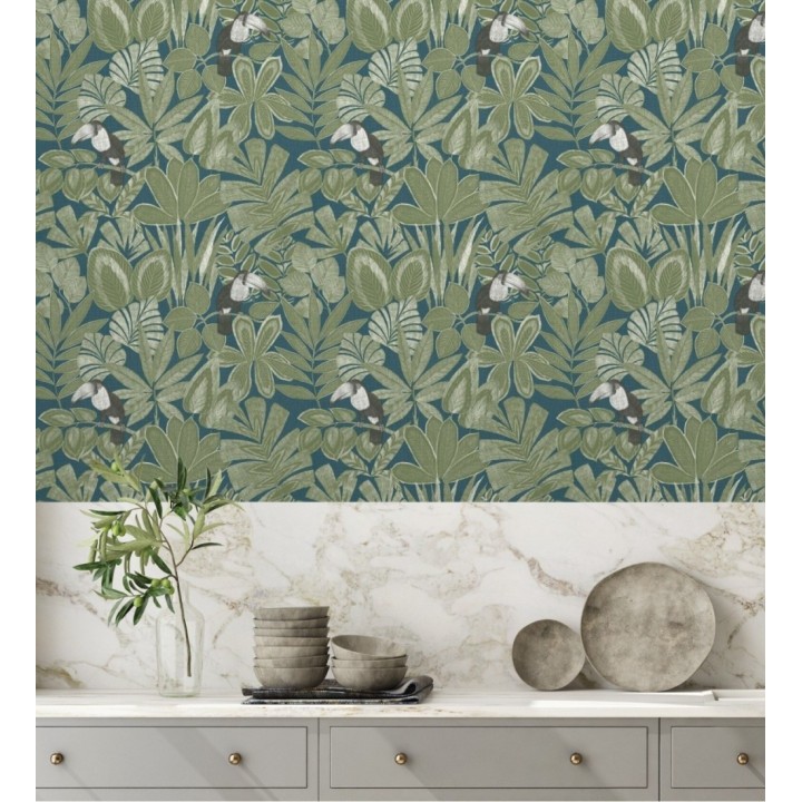 Papel pintado de pájaros tucanes y hojas de selva tropical - Yumalay Parrots 128650