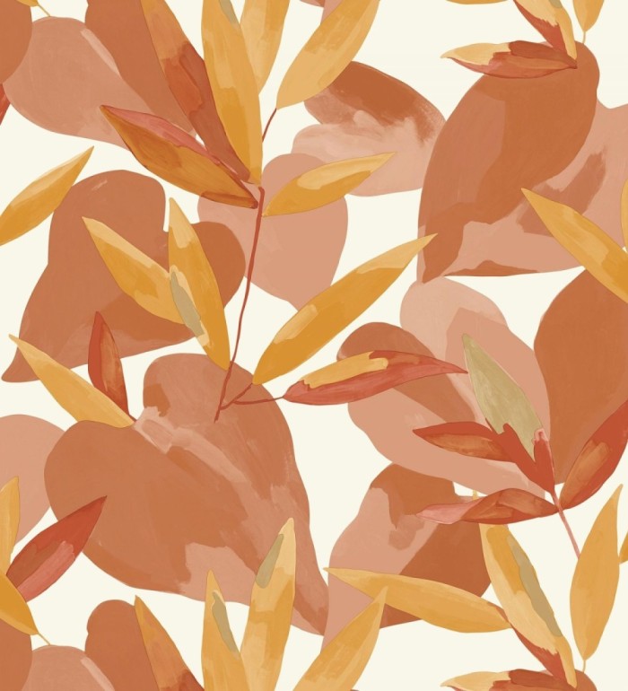 Papel pintado de hojas y plantas tonos naranja con fondo blanco - Shida 128654
