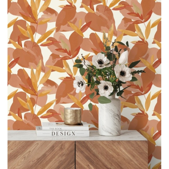 Papel pintado de hojas y plantas tonos naranja con fondo blanco - Shida 128654