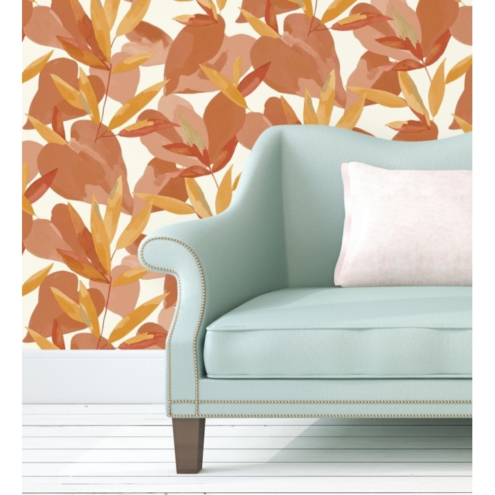 Papel pintado de hojas y plantas tonos naranja con fondo blanco - Shida 128654