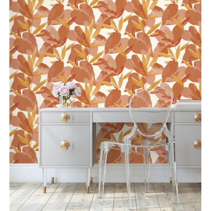 Papel pintado de hojas y plantas tonos naranja con fondo blanco - Shida 128654