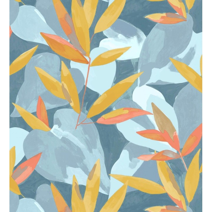 Papel pintado de hojas y plantas en tonos azules y amarillos con fondo azul - Shida 128655