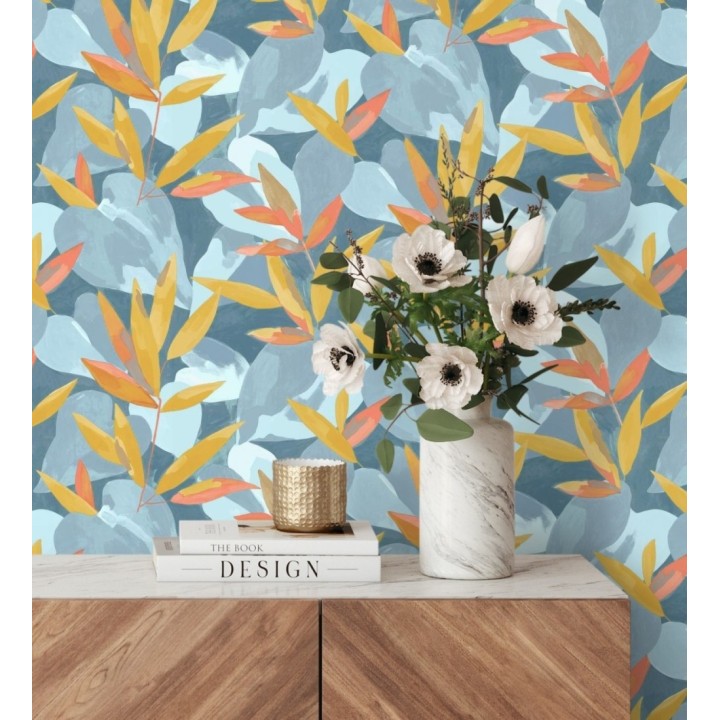 Papel pintado de hojas y plantas en tonos azules y amarillos con fondo azul - Shida 128655