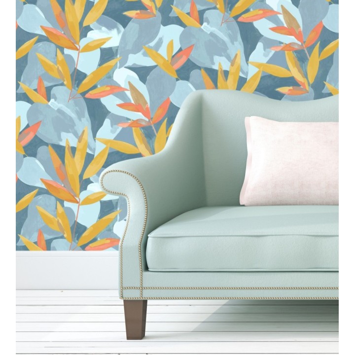 Papel pintado de hojas y plantas en tonos azules y amarillos con fondo azul - Shida 128655