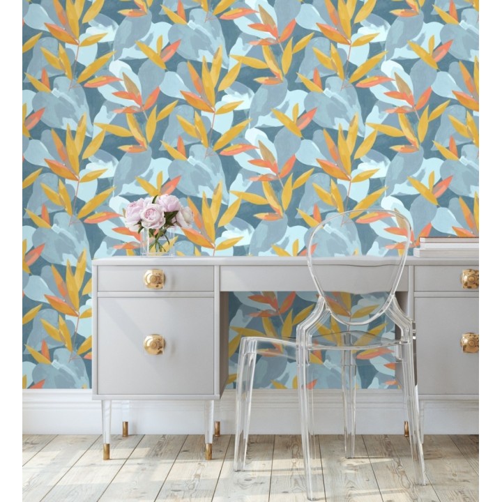 Papel pintado de hojas y plantas en tonos azules y amarillos con fondo azul - Shida 128655