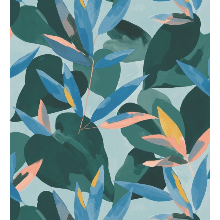 Papel pintado de hojas y plantas tonos azules y verdes con fondo verde - Shida 128656