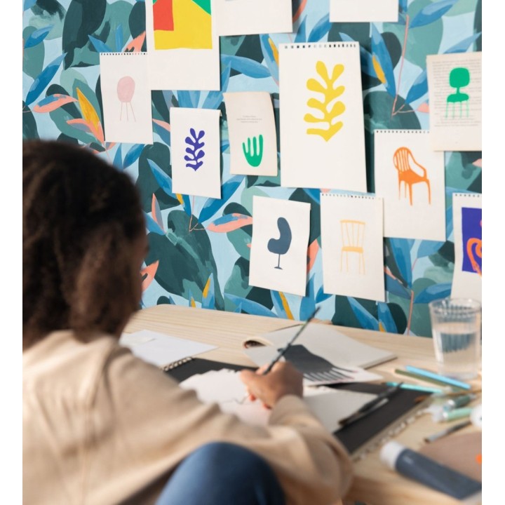 Papel pintado de hojas y plantas tonos azules y verdes con fondo verde - Shida 128656